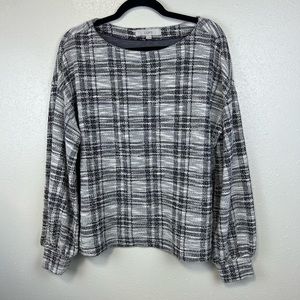 Loft Gray Plaid Boatneck Balloon Sleeve Pullover Sweater Lightweight Large